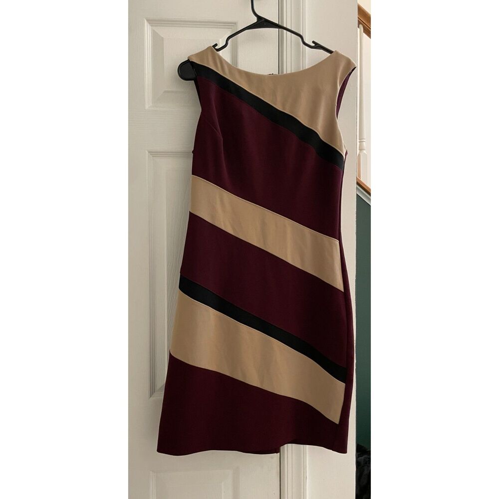 Connected Apparel Colorblock Sheath Dress Burgundy Beige Sleeveless Size 8 - Picture 2 of 5